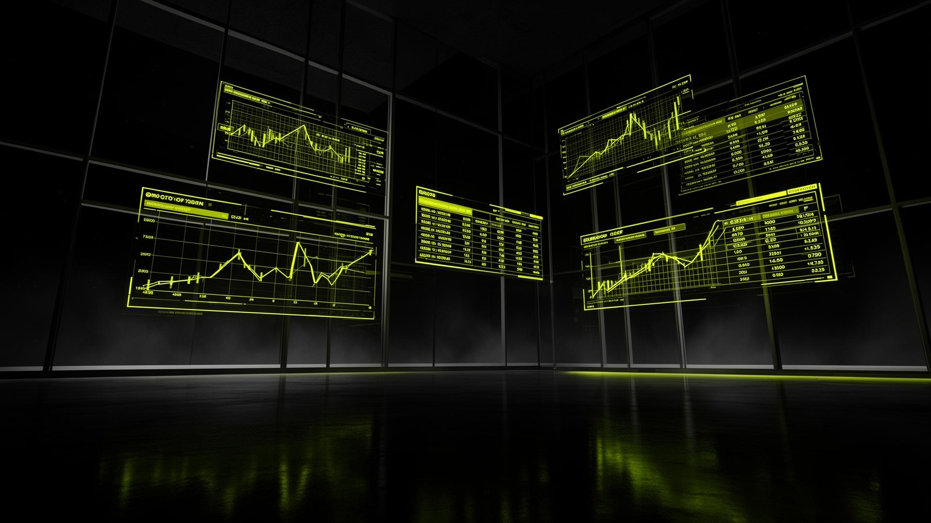 Editorial render of a futuristic control room with floating lime data panels