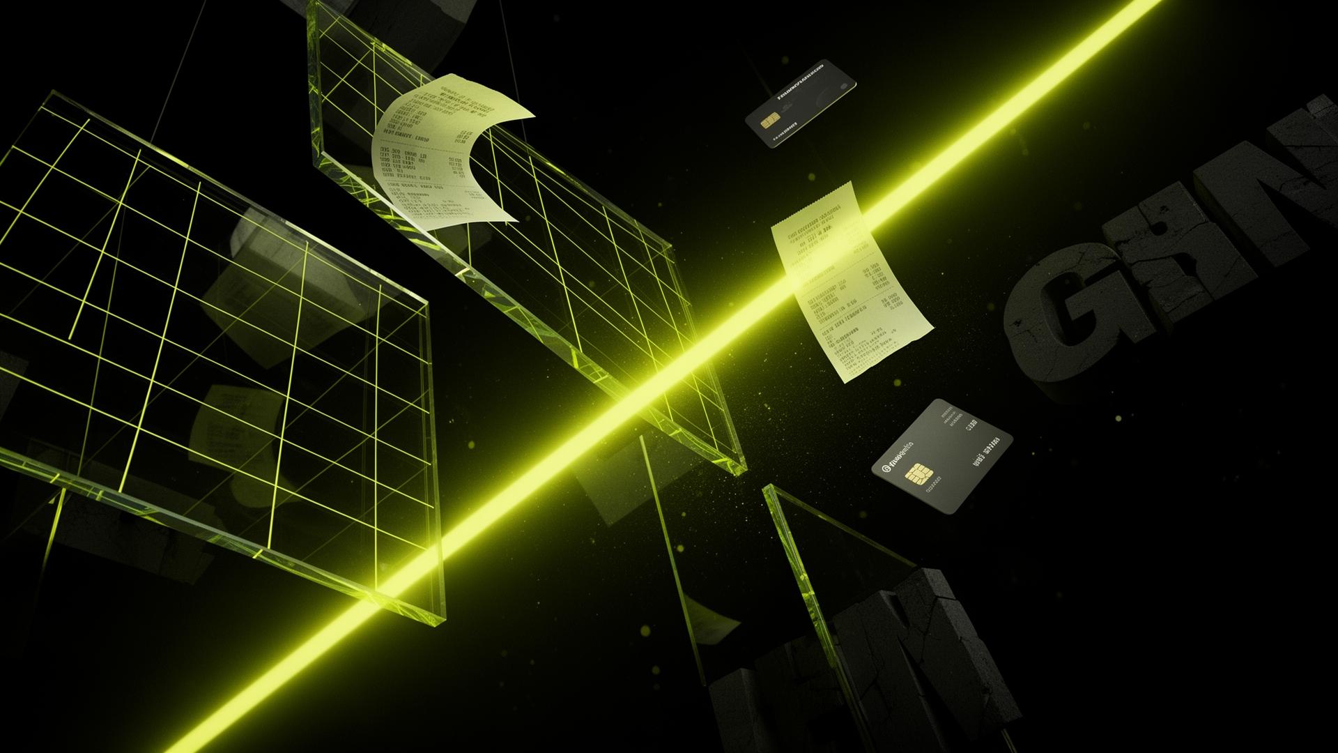 Premium virtual card glowing with lime accent on an obsidian background