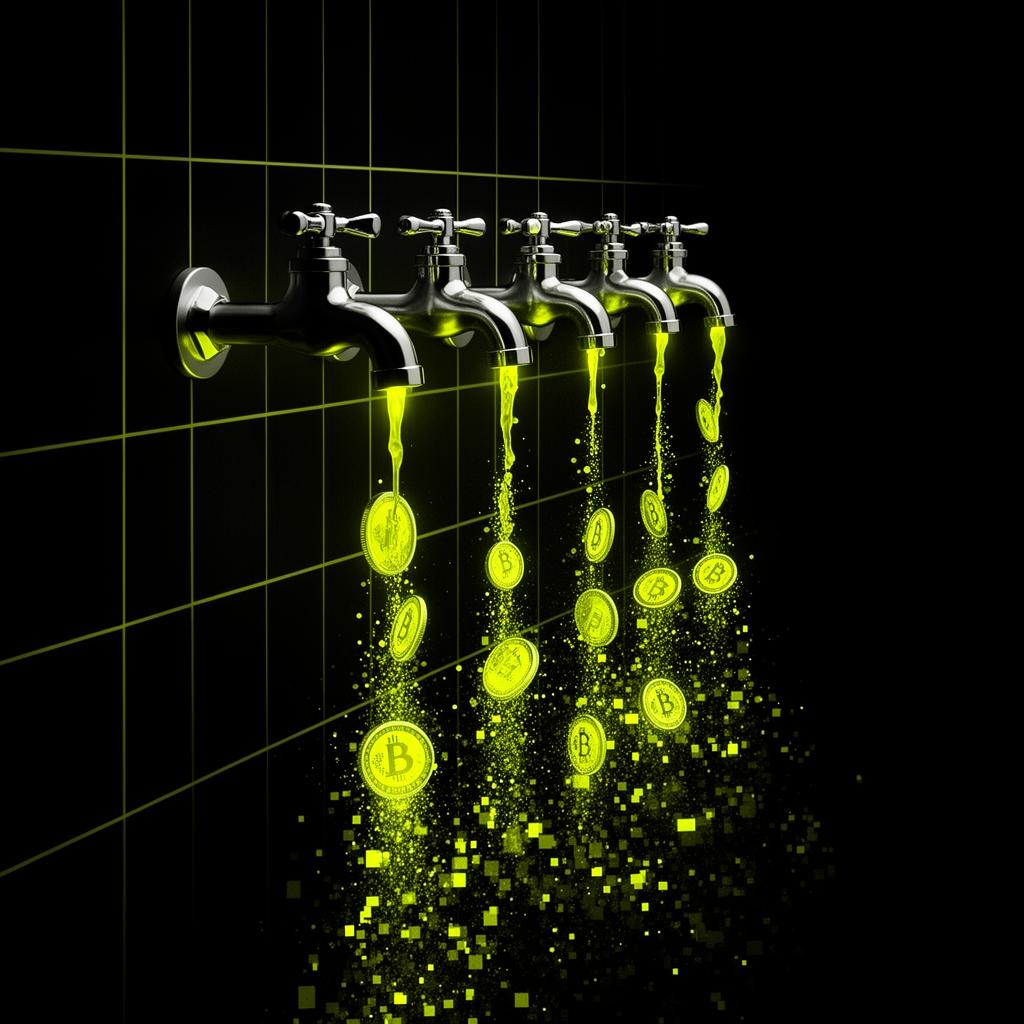 Chrome faucets dripping glowing lime coins into pixel particles, illustrating subscription leakage