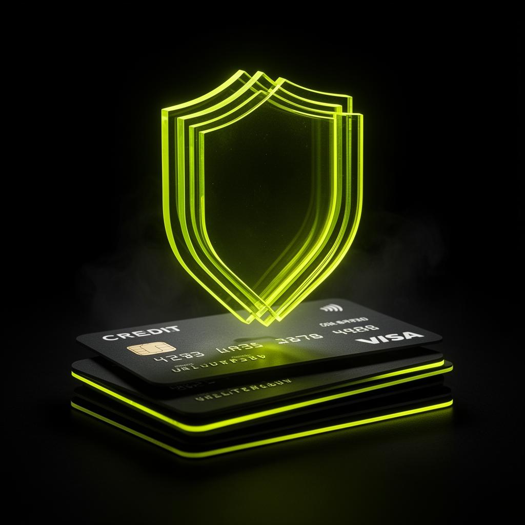 Glowing lime shield hovering above a stack of dark credit cards